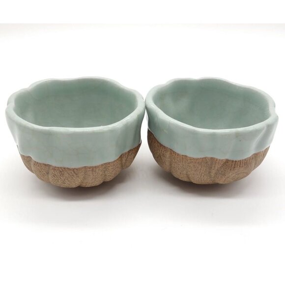2 Small Celadon Flower Bloom Two-Tone Ceramic Bowls